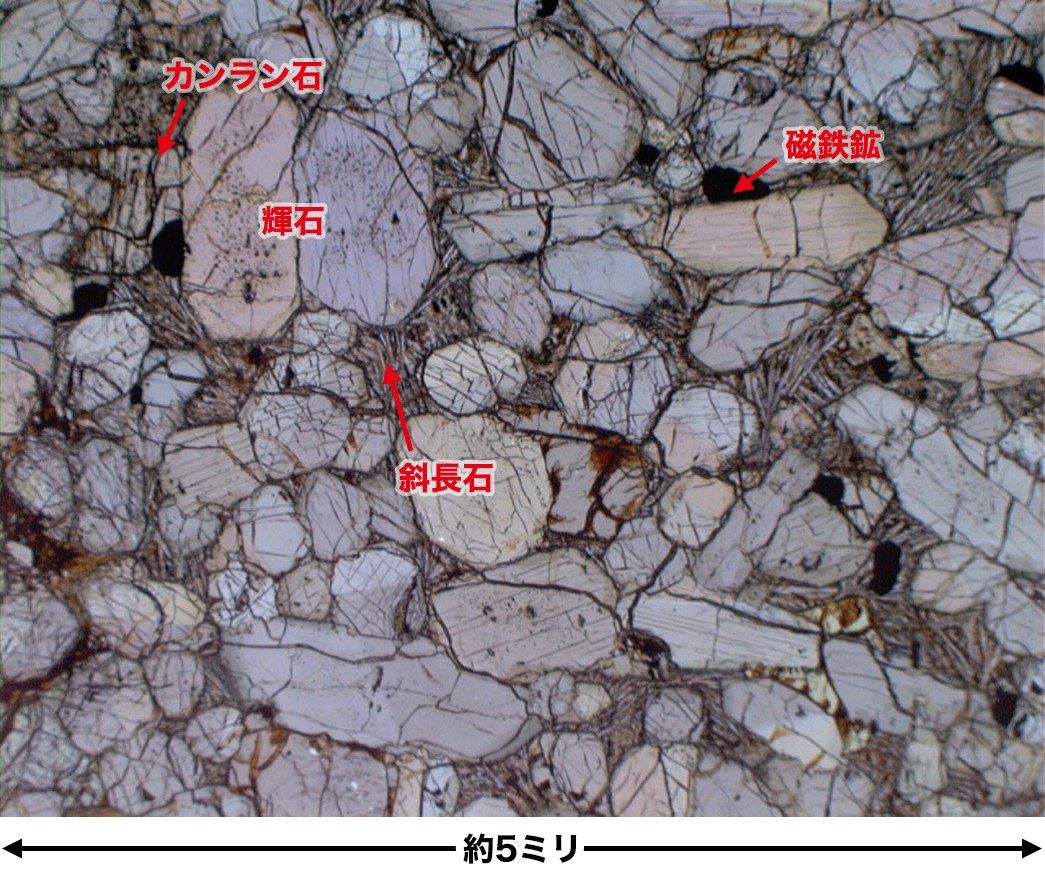 Yamato 000593の薄片(はくへん)を光学顕微鏡で撮影。内部のカンラン石は一部変質して粘土鉱物を伴っており、火星表層で水が存在した証拠になる